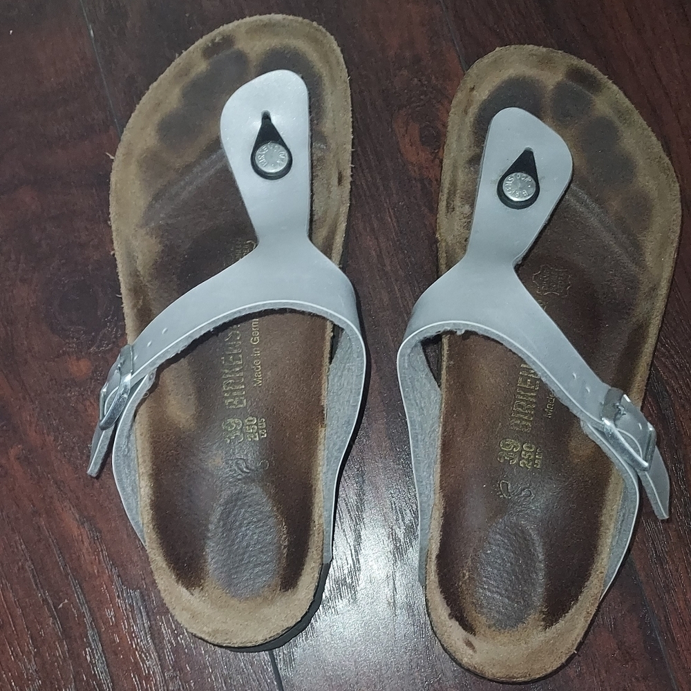 Birkenstock Silver and Brown Sandals with Contoured Footbed Sz-8